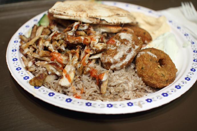 Close up of the chicken in the Middle-Eastern Chicken Shawerma Falafel platter from Aladdin Cafe.