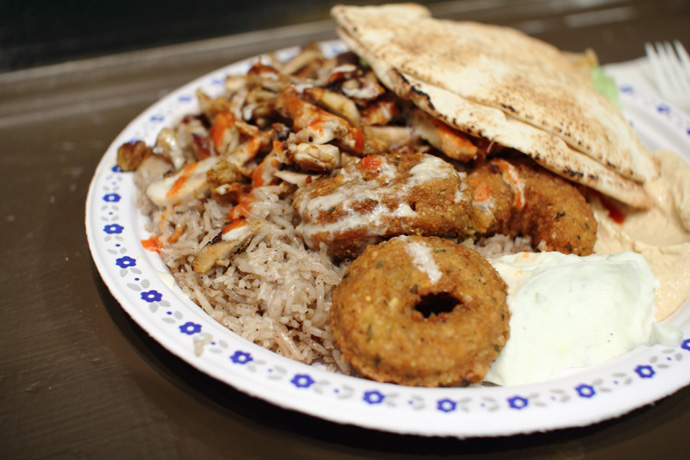 Another photo of the Chicken Shawerma Falafel platter from Aladdin restaurant on Robson Street, Vancouver.