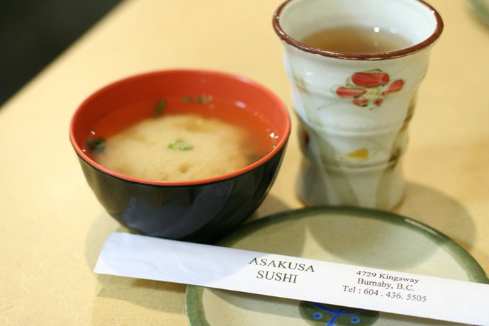 Miso soup ($1.00) and tea from Asakusa Japanese restaurant in Burnaby, BC, Canada.