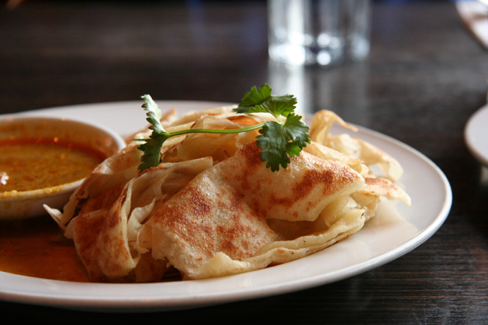 Roti Canai bread from Banana Leaf Malaysian restaurant in Kitsilano Vancouver BC Canada.