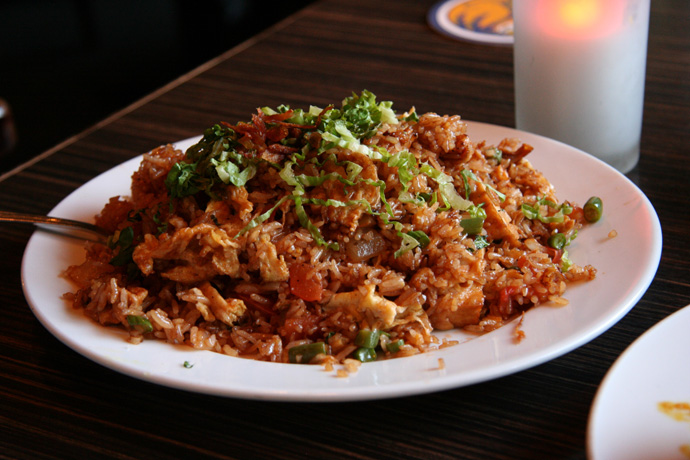 Nasi Goreng from Banana Leaf Malaysian restaurant in Vancouver BC Canada - Malaysian fried rice with beef, shrimp, egg, tomato, onion and green beans. 