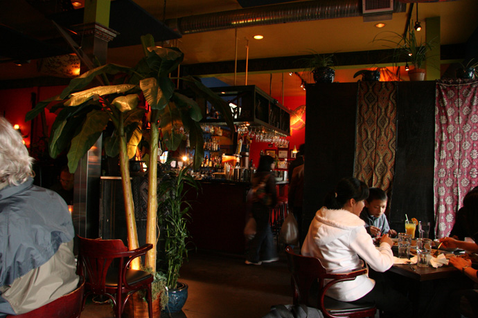 Restaurant interior at Banana Leaf Malaysian Restaurant in Vancouver BC Canada.