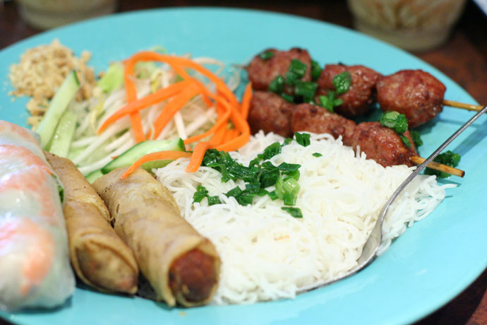 Vietnamese dinner - bbq meatballs, spring rolls, salad rolls, vermicelli noodles, and peanut. Yum!