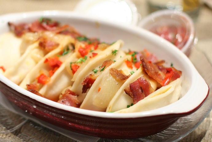 Perogies with bacon, sour cream and salsa ($7.00) from Calhouns Bakery and Cafe in Vancouver, BC, Canada.