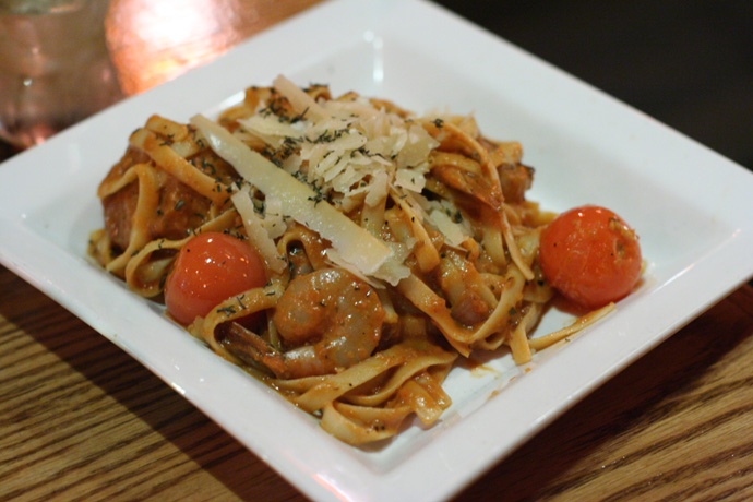 Frutti di mare (seafood) fettuccini from Capones restaurant and live jazz band club in Yaletown, downtown Vancouver BC Canada.