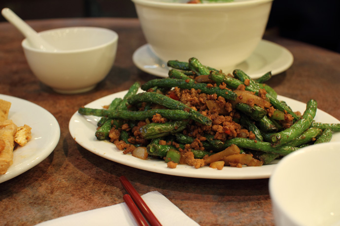 Spicy Green Beans with pork from Congee Noodle House, a great Chinese restaurant in Vancouver Canada.