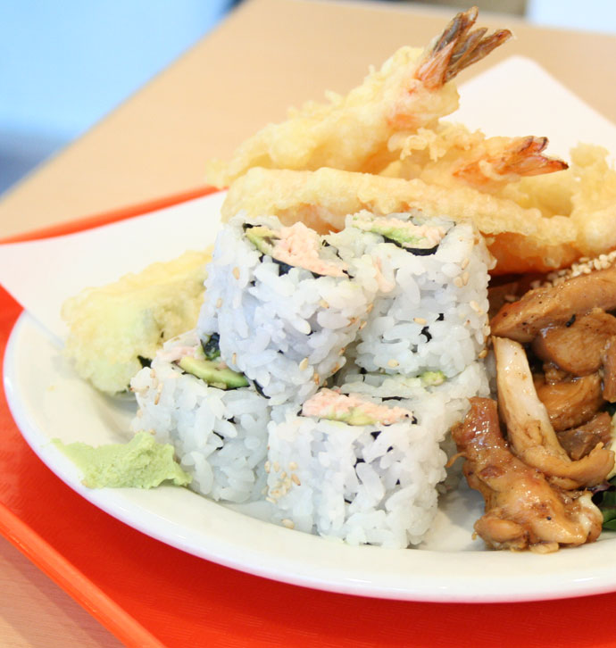 Fast food sushi, tempura, and teriyaki