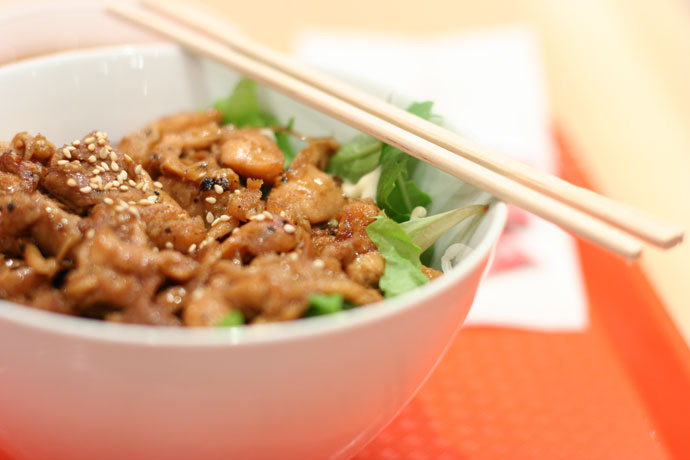 Chicken teriyaki bowl served with lettuce and Japanese mayo ($5.94 before tax)