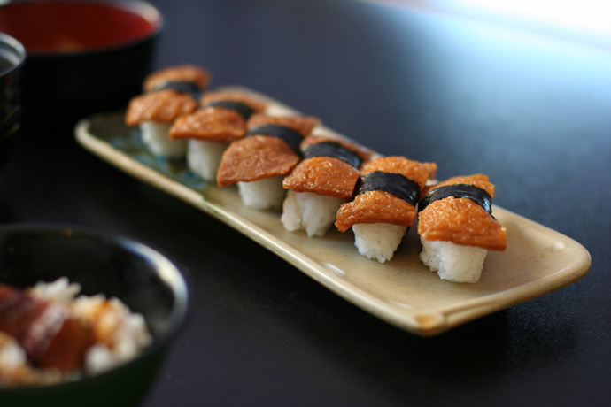 Inari (sweet bean curd wrapper) nigiri sushi (from Fish on Rice All You Can Japanese Cuisine in Burnaby)