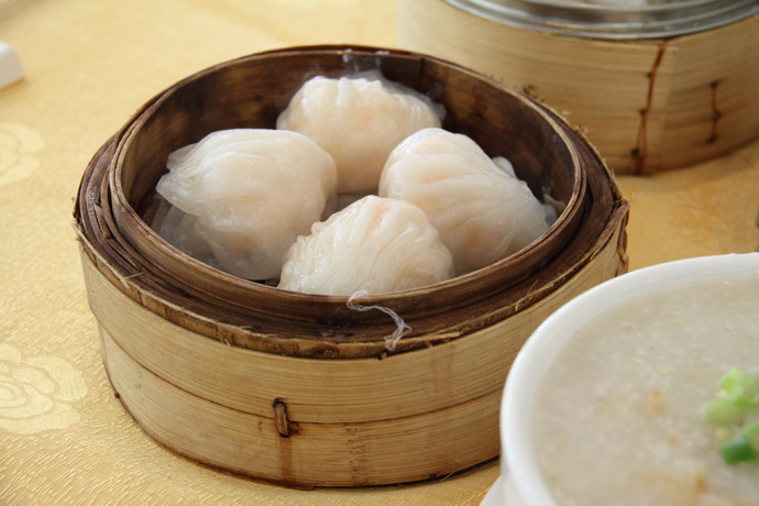 Har gow (shrimp dumplings) from Fraser Court dim sum seafood Chinese restaurant in Vancouver BC Canada.