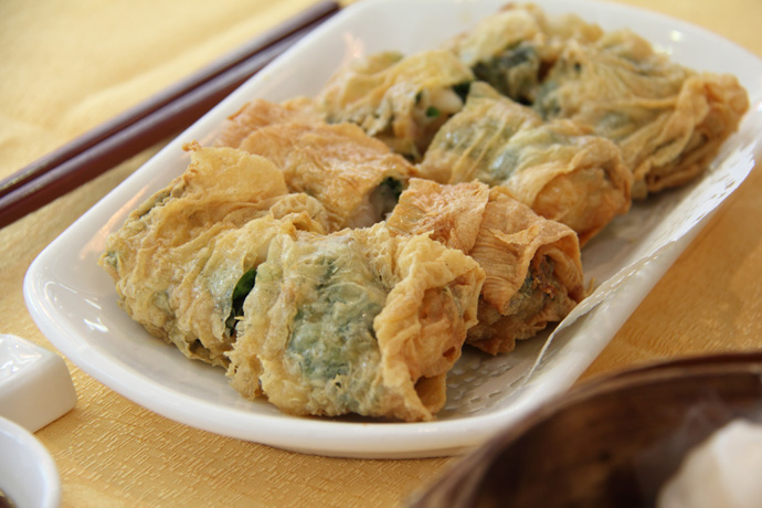 Bean curd and shrimp roll Chinese Dimsum from Fraser Court restaurant in east Vancouver BC Canada.