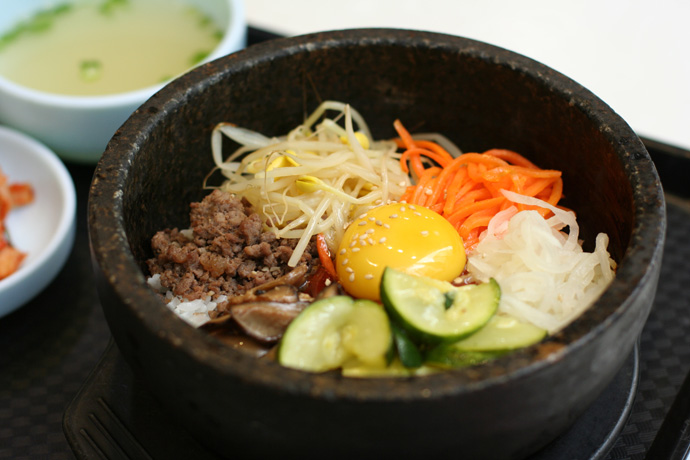 Bibimbap Korean food ($8.50) from H-Mart Market in Vancouver BC Canada - before mixing the ingredients.