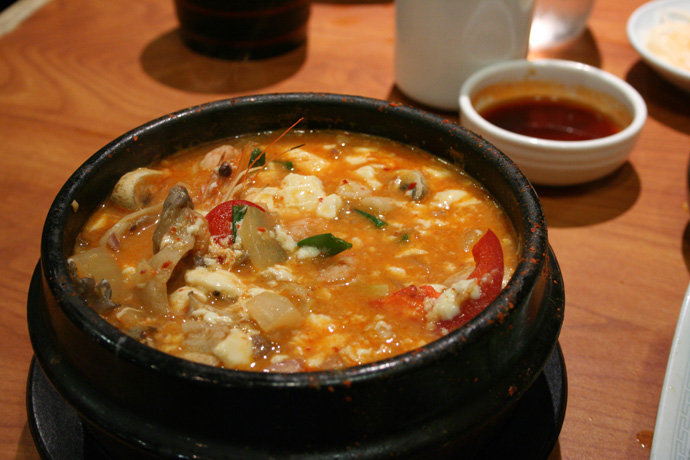 Spicy soft tofu soup from Insadong Korean Restaurant in Coquitlam BC Canada.