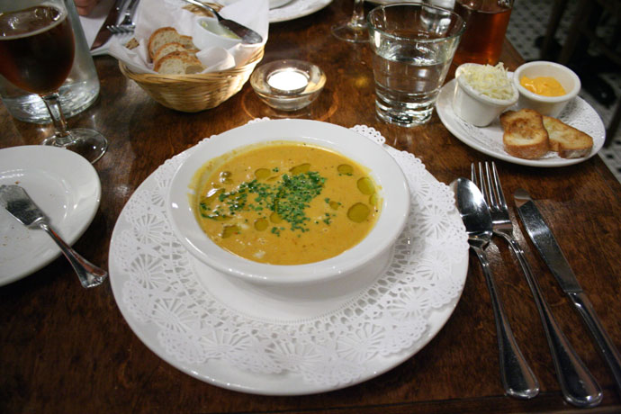 Bisque de Homard et King Crab ($11) - Lobster and King Crab Bisque Served with Croutons, Rouille and Gruyere Cheese from Jules Bistro in Vancouver, BC, Canada.