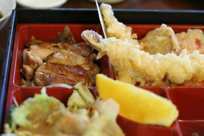 Japanese Chicken Teriyaki, Prawn Tempura, and Green Salad