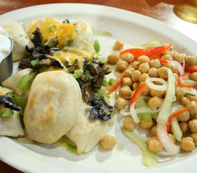 Perogies and chick pea salad