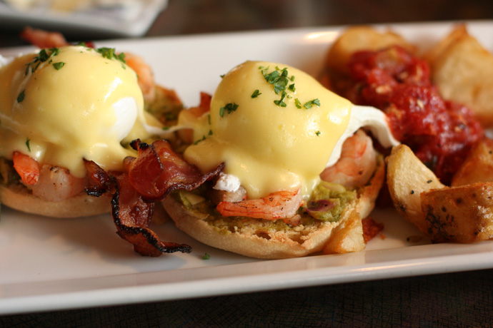 California Eggs Benedict with Shrimp ($12.99) from Milestones Restaurant in Vancouver.