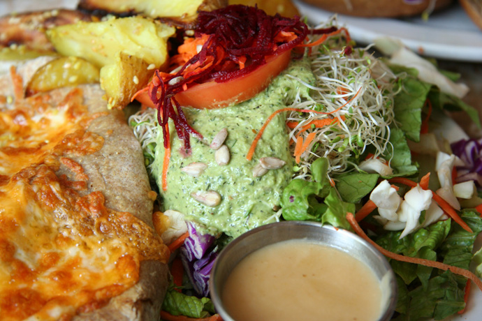 Enchilada platter from the Naam vegetarian restaurant in Vancouver BC Canada.