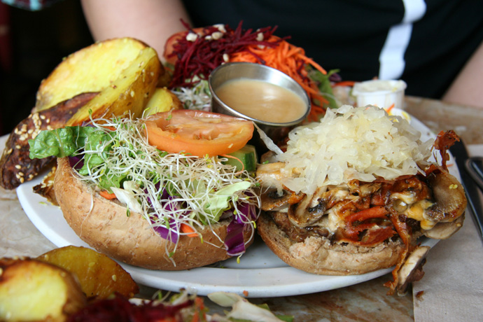 Tempeh Reuben veggie burger platter from the Naam restaurant in Kitsilano Vancouver BC Canada.