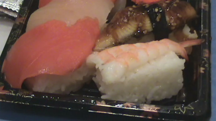 Ebi (shrimp) sushi, salmon, tuna, and unagi (BBQ eel) from Pacific Centre mall food court.