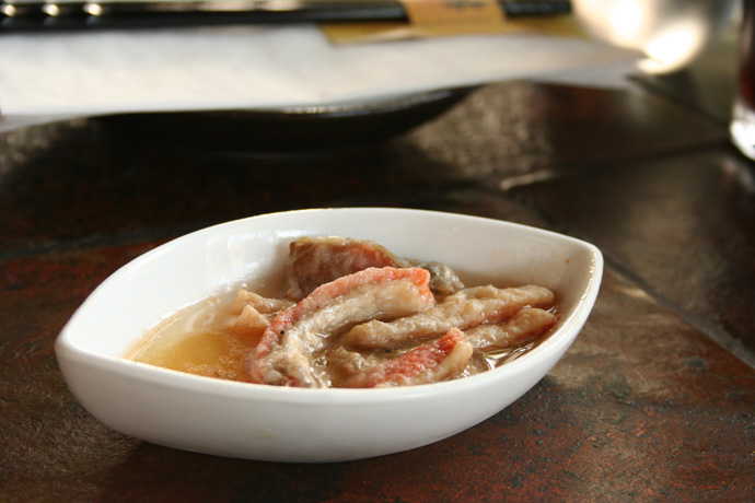 A complimentary Salmon Skin appetizer from the chef at SaiZ Japanese Restaurant in Kitsilano, Vancouver, BC, Canada.