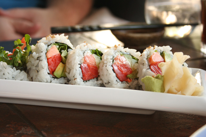 Papaya Avocado Salmon Roll sushi ($5.50) from Sai-z Japanese Restaurant in Vancouver BC Canada.