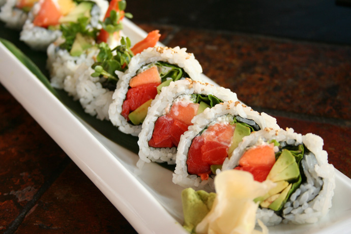 Another shot of the Papaya Avocado Salmon Roll Sushi from Sai-Z Japanese Restaurant in Vancouver BC Canada.