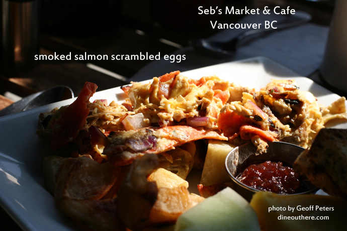 Smoked salmon scrambled eggs ($9.00) from Sebs Market Cafe in Mt. Pleasant area of Vancouver BC Canada.