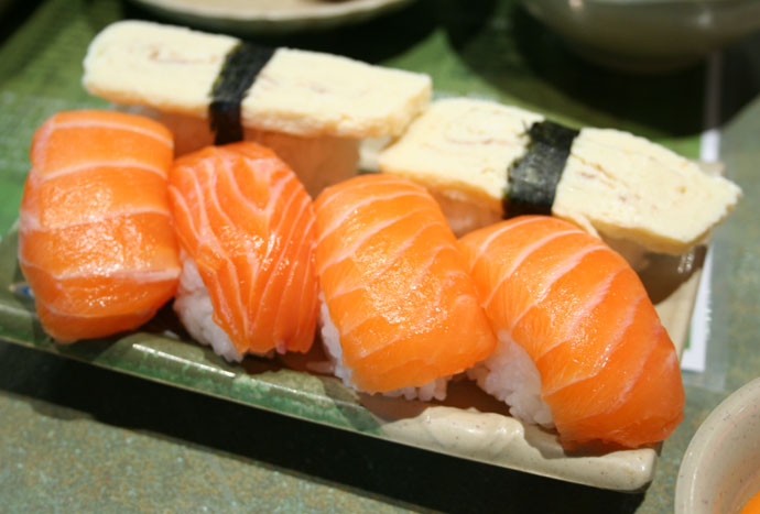 Tomago sushi (egg) and Salmon Sushi