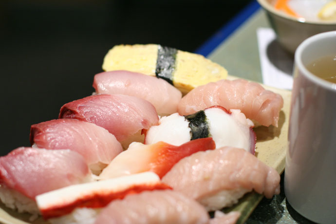 Assorted Nigiri Sushi (raw fish on rice) from Shabusen Japanese restaurant in Vancouver.
