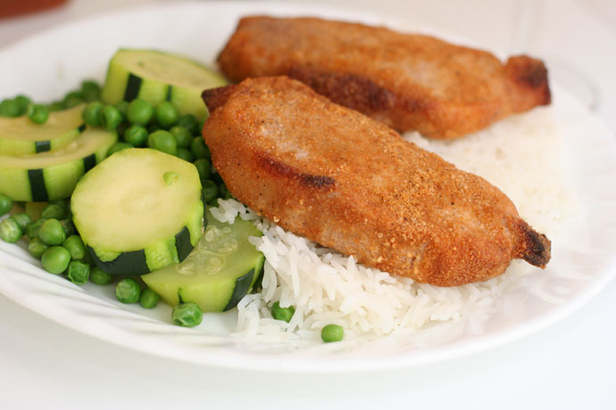 Pork chops and rice with zucchini and peas from Superstore in Vancouver.