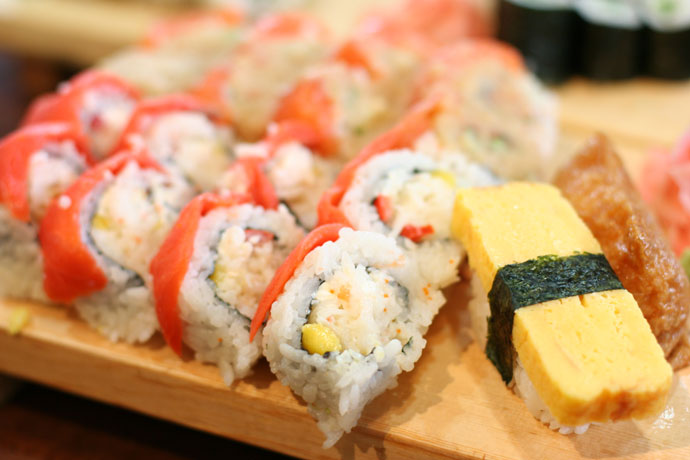 Smoked Salmon Cream Cheese sushi roll and Tamago and Inari nigiri sushi