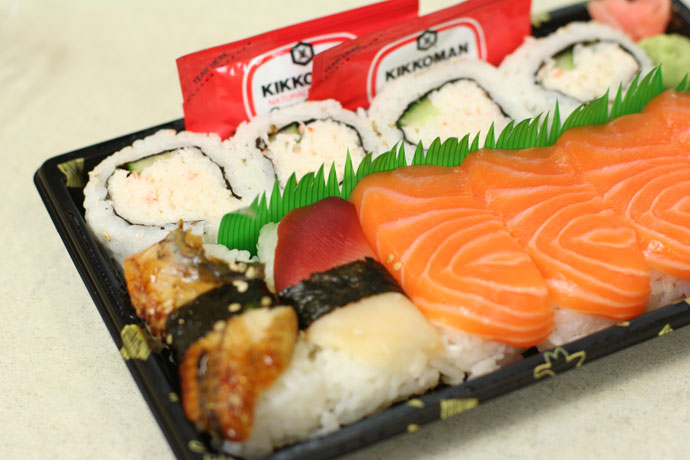 Take out sushi tray from T&T Market in Vancouver, $5.00 (California roll, Salmon Nigiri Sushi, and Unagi sushi)
