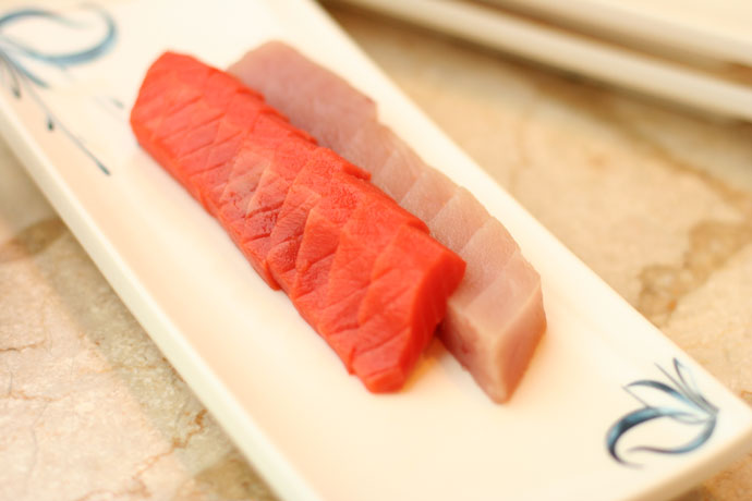 Salmon and tuna sashimi (raw fish)