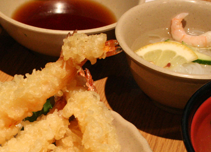 Prawn tempura and ebi sunomono (shrimp salad)