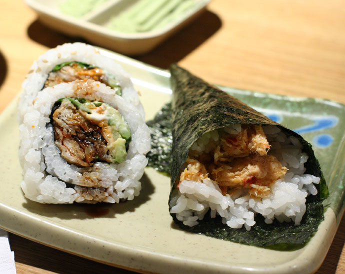 Soft shell crab maki roll, and spicy seafood Japanese cone