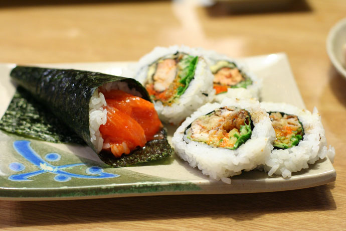 Spicy seafood cone and soft-shell-crab roll