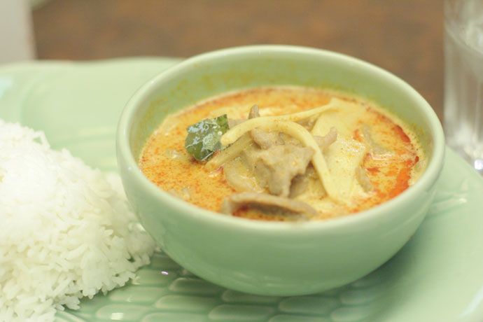 Pork with red curry paste, bamboo shoots, bell peppers, basil and coconut milk from Urban Thai Bistro in Vancouver.