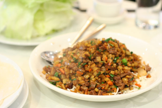 Peking Duck (Beijing duck) lettuce wrap from Western Lake Chinese Restaurant in Vancouver, BC, Canada.