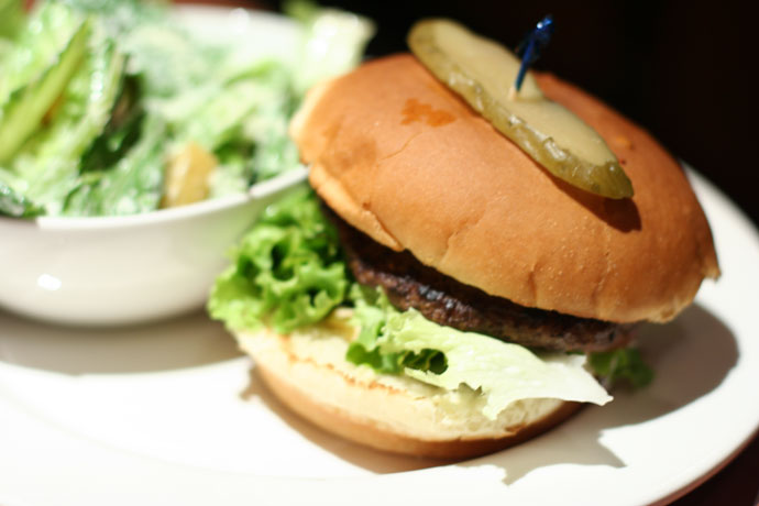 Legendary Burger Platter (with Caesar salad, $9.98) from White Spot restaurant in Kitsilano, Vancouver, BC, Canada.