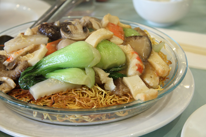 Chef's Special Chow Mein (vegan, with simulated seafood) from Whole Vegetarian Cuisine, a vegetarian Chinese restaurant on Main Street  in Vancouver BC Canada.