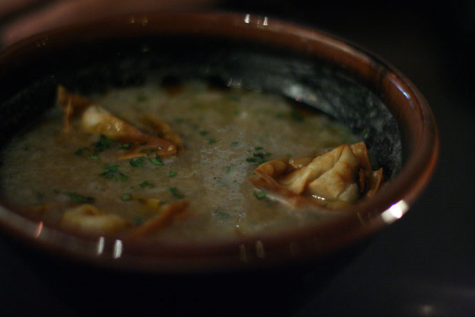 Side stripe shrimp congee from Wild Rice restaurant in Vancouver. A modern take on traditional Chinese soup. Made from brown rice $9