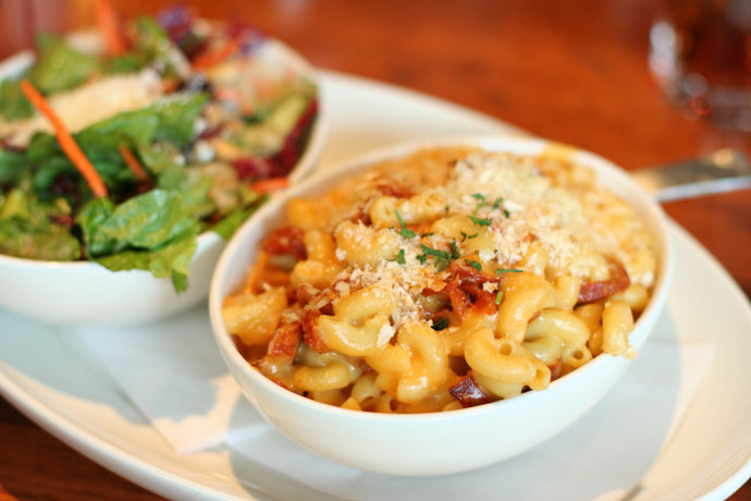 Macaroni and Cheese with Chorizo sausage (around $14) with lots of premium cheese. Salad had goat cheese crumbled on it. From Yaletown Brew Pub in Vancouver, BC, Canada.