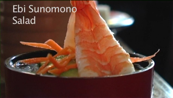 Ebi Sunomono Salad from Yamato Sushi Japanese restaurant on Davie Street in downtown Vancouver BC Canada.